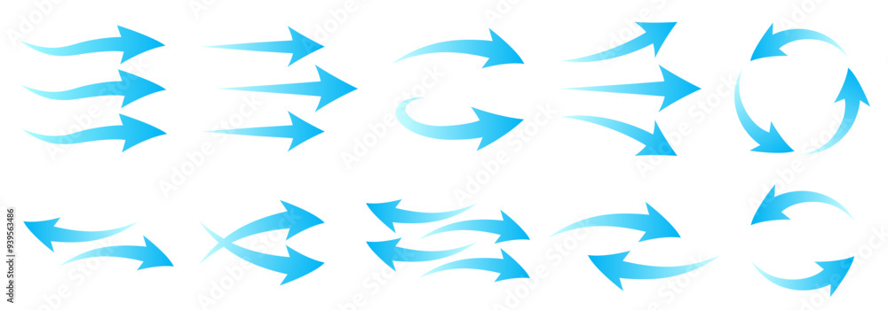 Fototapeta premium Set of blue arrow showing wind air flow isolated on white background, air direction signs