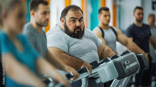 Overweight Man Determined to Exercise in Gym Surrounded by Fit Individuals