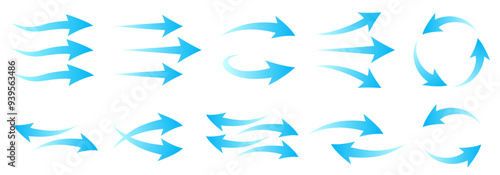 Set of blue arrow showing wind air flow isolated on white background, air direction signs