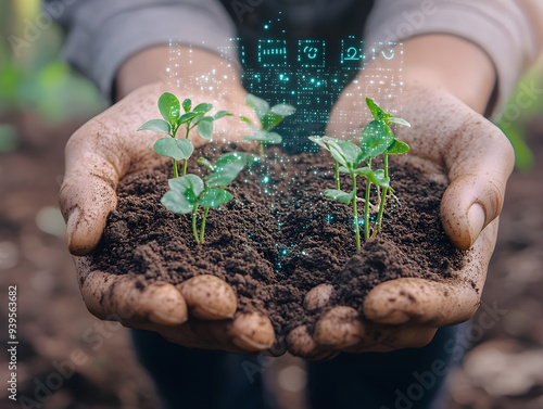 Green Revolution - Reforestation Efforts for Carbon Credits with Tree Saplings in Hands and Digital Counter photo