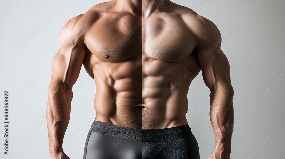 A person showcases their abdominal muscles in a before-and-after comparison, highlighting the progress made through fitness training in a bright indoor location A person showcases their abdominal muscles in a before-and-after comparison, highlighting the progress made through fitness training in a bright indoor location