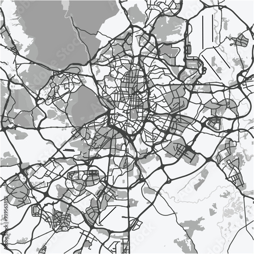 Map of Madrid in Spain in grayscale. Contains layered vector with roads water, parks, etc.