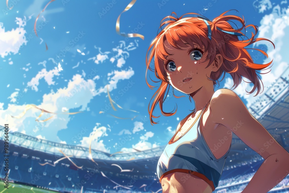 Anime girl with bright orange hair, smiling joyfully, standing outdoors under a clear blue sky with fluffy clouds, filled with happiness and warmth
Anime girl with bright orange hair, smiling joyfully, standing outdoors under a clear blue sky with fluffy clouds, filled with happiness and warmth