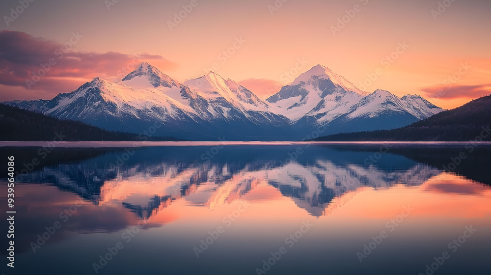 Serene Sunset Reflections: Majestic Snow-Covered Mountain Range in Pristine Alpine Lake Serene Sunset Reflections: Majestic Snow-Covered Mountain Range in Pristine Alpine Lake