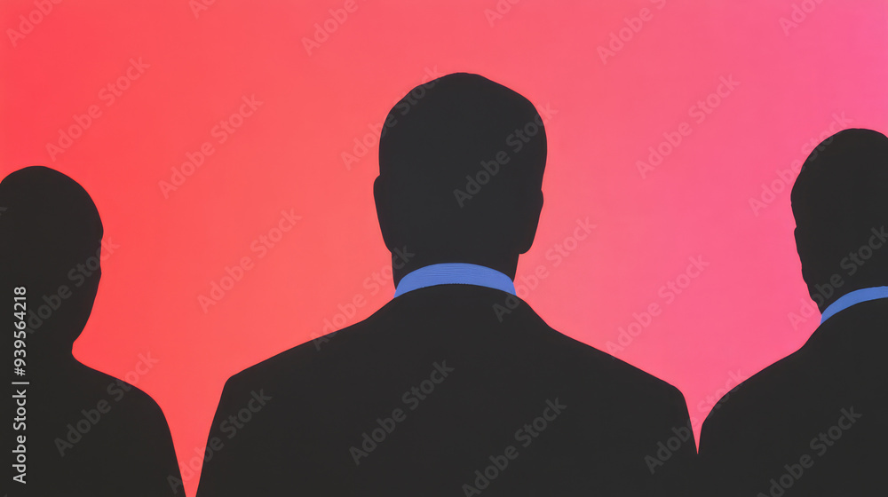 The image features three silhouetted figures in black suits seen from behind, standing against a deep red background, emphasizing form and contrast in the composition. The image features three silhouetted figures in black suits seen from behind, standing against a deep red background, emphasizing form and contrast in the composition.