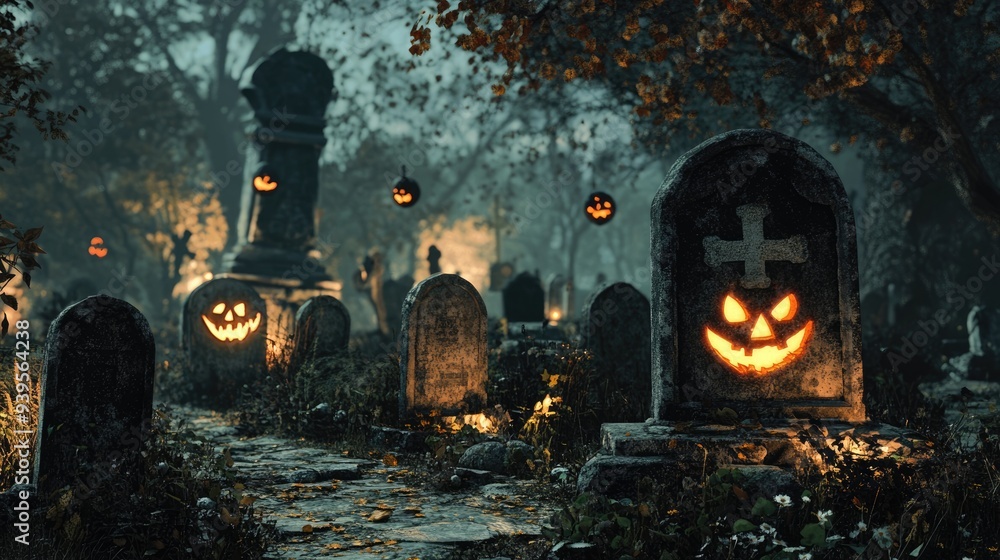 Spooky Halloween Graveyard with Jack-o'-Lantern Tombstones Spooky Halloween Graveyard with Jack-o'-Lantern Tombstones