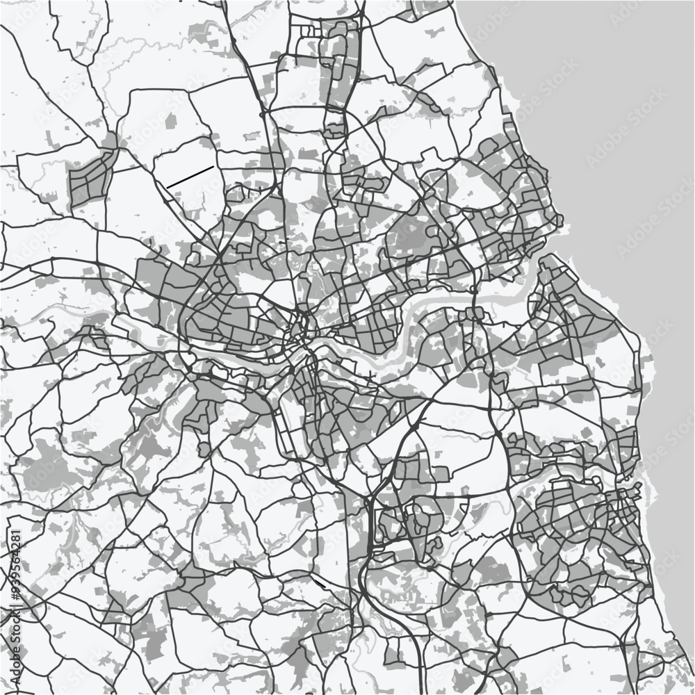Naklejka premium Map of Newcastle in United Kingdom in grayscale. Contains layered vector with roads water, parks, etc.