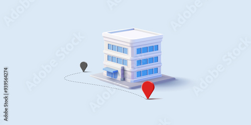 The modern business center building, office, location icon, 3D. For convenient location concepts, real estate is on the map. Vector