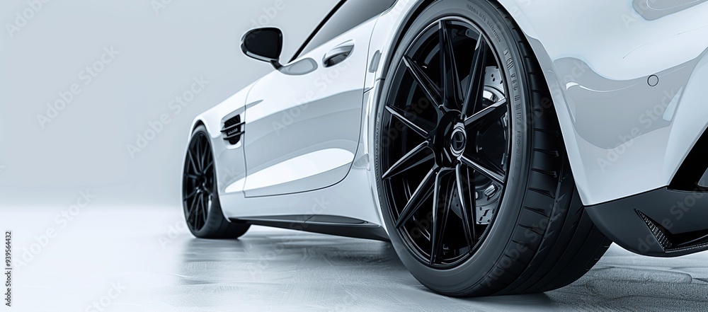 White sports car with black rims and tires. Parking lot. Side view, close-up and low angle shots. AI generated image White sports car with black rims and tires. Parking lot. Side view, close-up and low angle shots. AI generated image