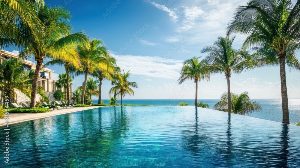 A serene infinity pool overlooking the ocean with palm trees under a bright blue sky. A serene infinity pool overlooking the ocean with palm trees under a bright blue sky.
