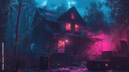 Abandoned House in the Woods with Neon Lights