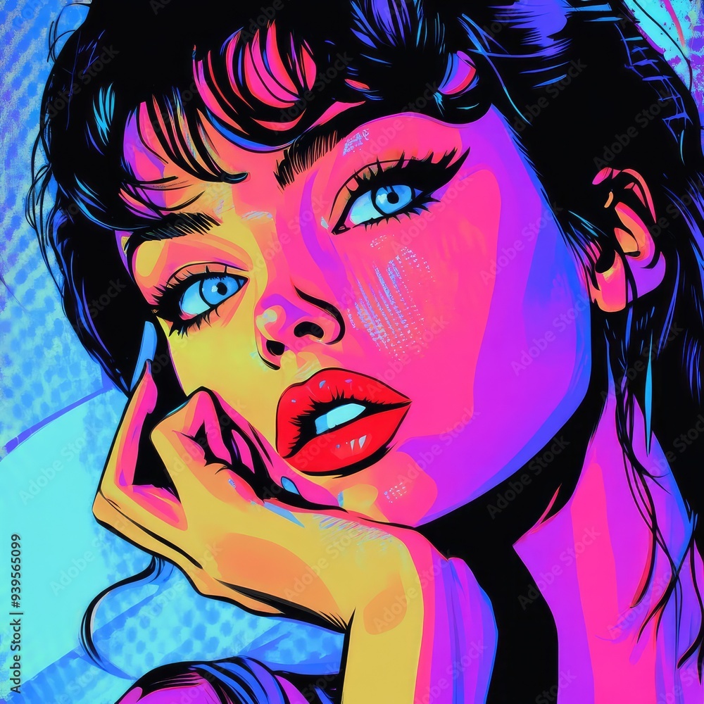 Fototapeta premium Retro-inspired pop art design with energetic blue hues and exaggerated visuals.