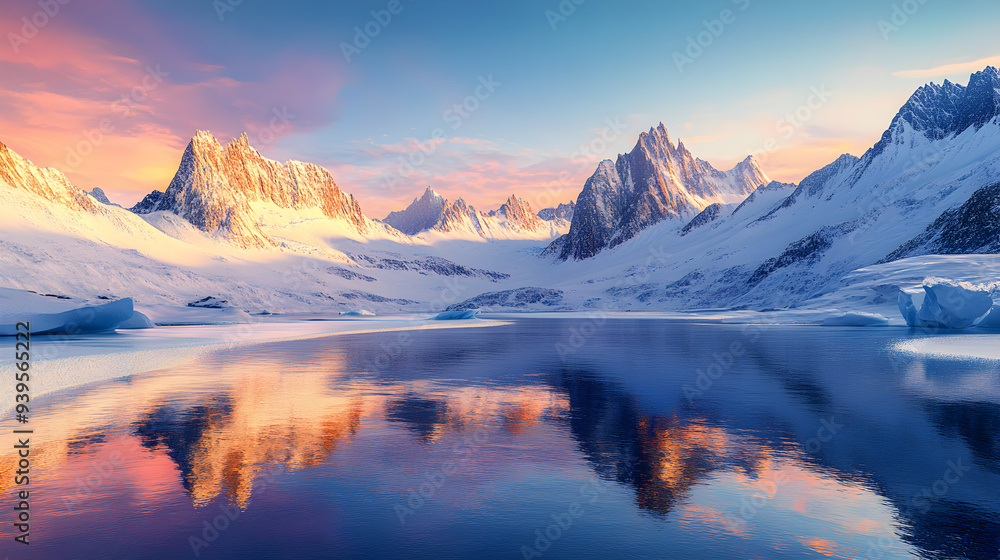 Obraz premium Serene Winter Evening: Majestic Snow-Covered Mountains and Crystal-Clear Lake Reflecting Warm Sunset Glow