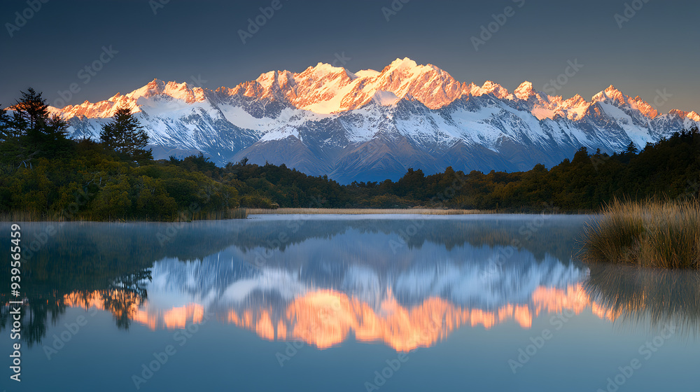 Fototapeta premium Serene Sunrise in Snowy Mountain Range with Reflection on Lake