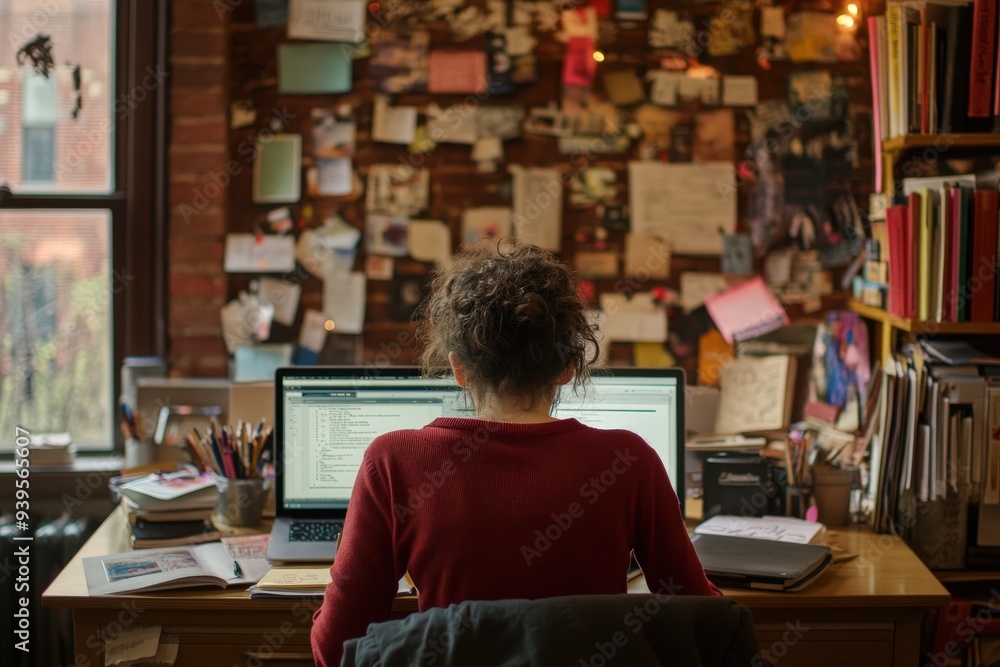 A person working diligently on two laptops at a desk in a creative and personalized setup with numerous pinned notes and a large window casting natural light. A person working diligently on two laptops at a desk in a creative and personalized setup with numerous pinned notes and a large window casting natural light.