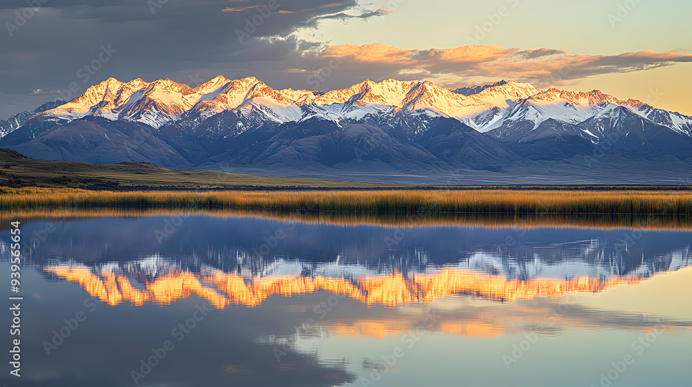 Majestic Sunset View of Snow-Capped Mountains and Glass-Like Lake Majestic Sunset View of Snow-Capped Mountains and Glass-Like Lake