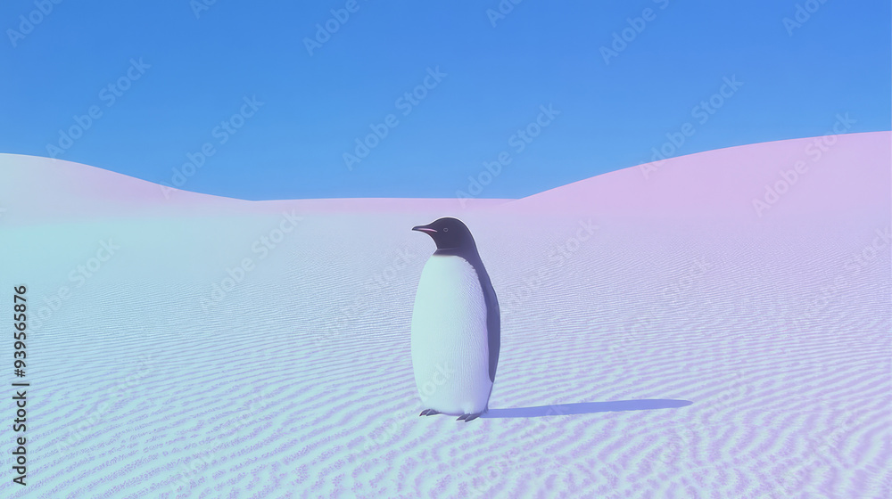 Obraz premium A captivating image of a single penguin standing alone in a vast, serene desert landscape under a clear blue sky, creating a striking contrast between the animal and its unusual environment.