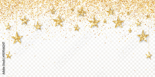 Holiday celebration background. Golden glitter stars decoration isolated. Frame for Christmas, birthday, wedding invitations, party posters. Transparent background can be removed in vector file.