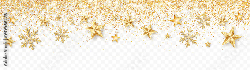 Christmas glitter decoration.Golden glittering stars and snowflakes.Confetti frame for winter holidays banners, new year party posters, advertising.Transparent background can be removed in vector file