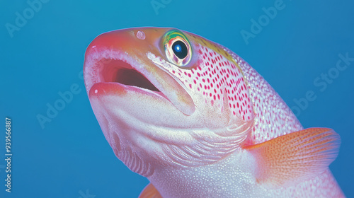 A vivid image of a colorful fish with its mouth open, swimming in blue water, highlighting its detailed scales and vibrant hues, representing nature's beauty and diversity. photo