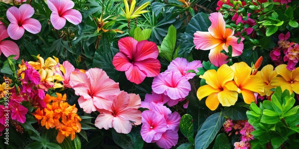 Colorful flowers and lush green leaves. Colorful flowers and lush green leaves.