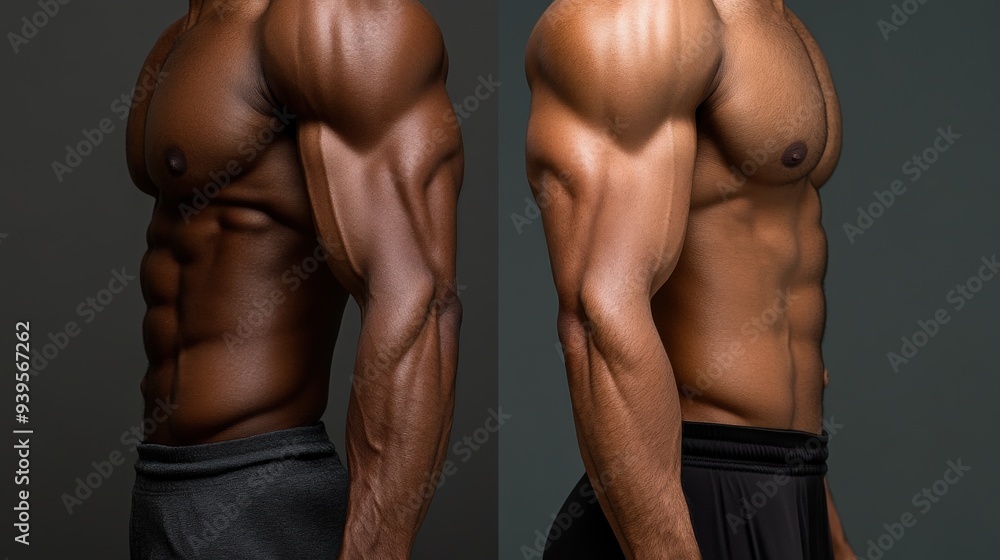 Fototapeta premium A side-by-side comparison of a person's arms displaying noticeable muscle growth and definition, highlighting the commitment to physical fitness and strength training