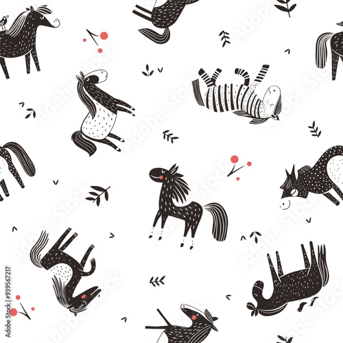 Seamless pattern featuring playful black and white horses