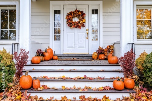 House entrance decorated for traditional autumn holidays, front steps of house with pumpkins, flowers and autumn wreath on front door  photo