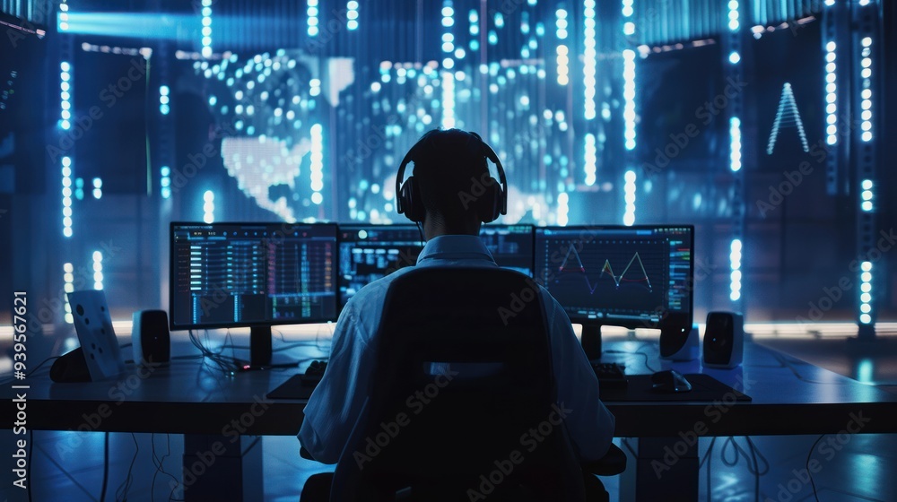 Man in Headphones Analyzing Data in a Tech Environment Man in Headphones Analyzing Data in a Tech Environment