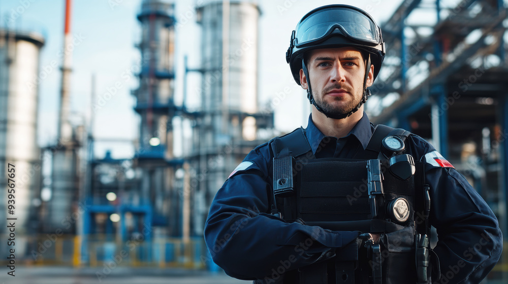 A policeman standing guard in front of an industrial facility, wearing a uniform and helmet, with a focus on maintaining safety and security A policeman standing guard in front of an industrial facility, wearing a uniform and helmet, with a focus on maintaining safety and security