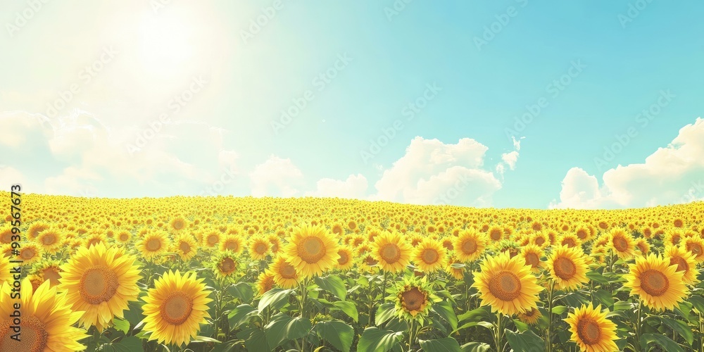 Obraz premium Sunflowers field under bright, blue sky.