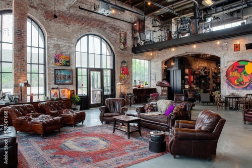 A spacious loft living room featuring leather armchairs and sofas, eclectic artwork, a large rug, high ceilings with exposed beams, and industrial elements with natural lighting.