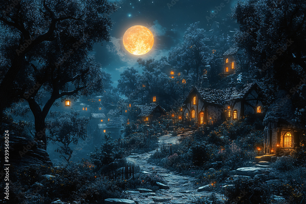 Naklejka premium A mystical fantasy village illuminated by moonlight in the dark, creating a dreamy and magical atmosphere. Perfect for fantasy-themed events or landscapes.