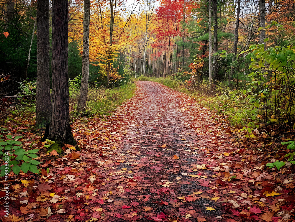 Naklejka premium Enchanting Autumn Forest Pathway with Vibrant Fall Foliage and Scattered Leaves Leading into the Distance