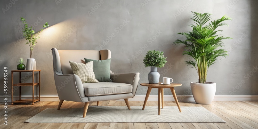 Armchair with Greenery in a Modern Living Room, Interior Design, Minimalist Style, Cozy Room, Home Decor Armchair with Greenery in a Modern Living Room, Interior Design, Minimalist Style, Cozy Room, Home Decor
