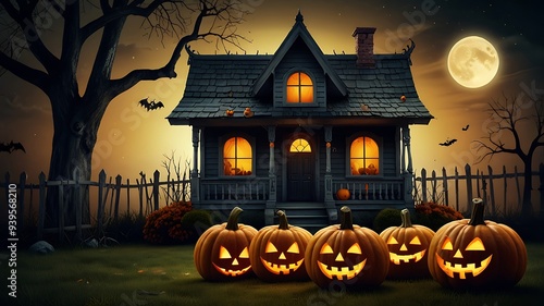 Old house with Halloween pumpkins in the autumn garden