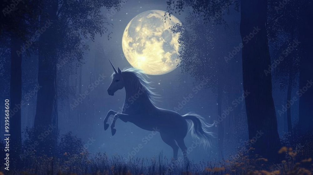 Magical Unicorn in Enchanted Moonlight Forest Magical Unicorn in Enchanted Moonlight Forest