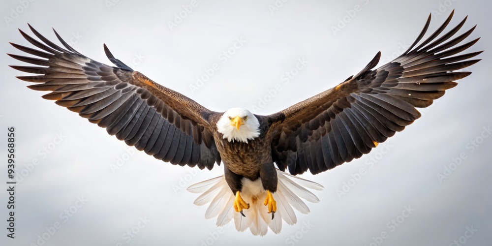 Fototapeta premium Bald Eagle Soaring, Wings Spread Wide, White Background, Bird of Prey, Bald Eagle, Soaring, Wildlife