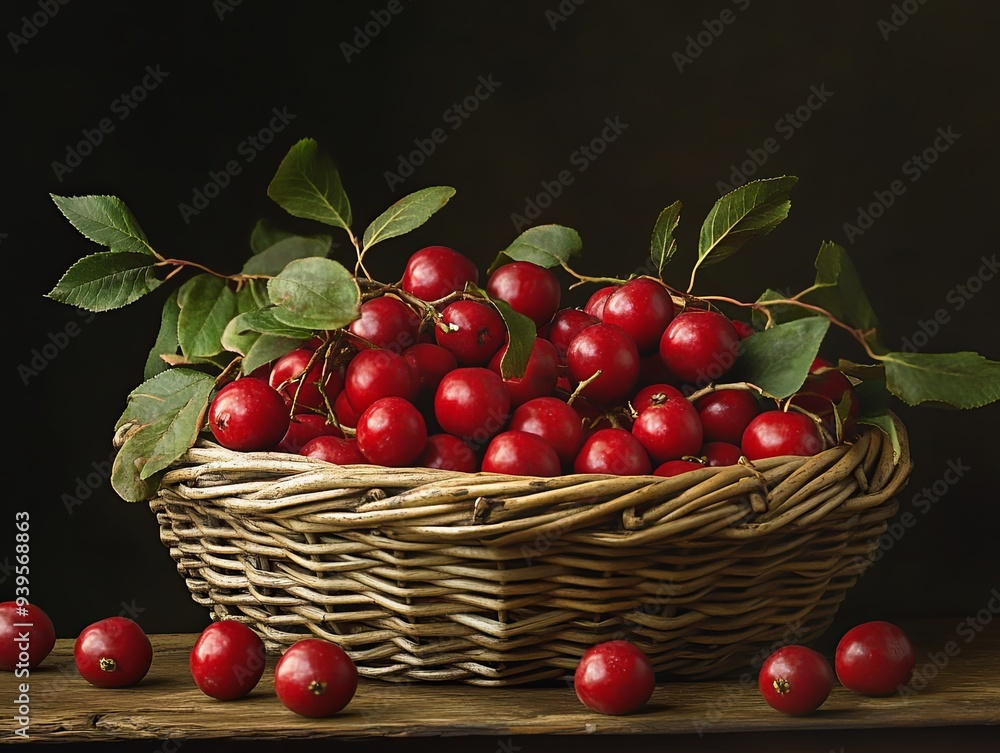 A wicker basket overflowing with fresh, ripe red berries, with leaves and a few berries scattered on a wooden surface. A wicker basket overflowing with fresh, ripe red berries, with leaves and a few berries scattered on a wooden surface.
