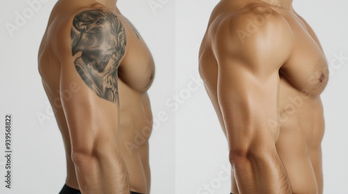 The image displays a side-by-side comparison of a person's arms, result before and after laser tattoo removal photo