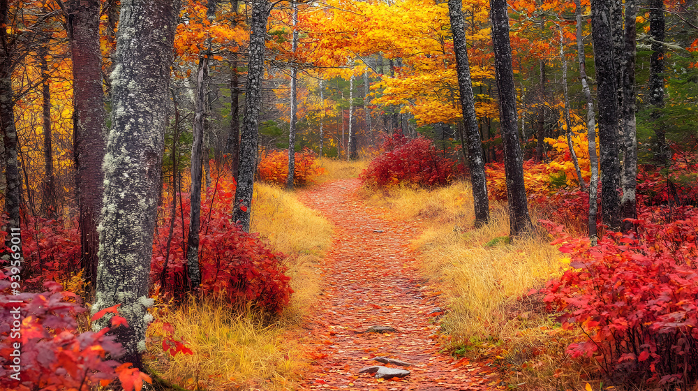 Naklejka premium Enchanting Fall Forest Trail with Vibrant Red, Orange, and Yellow Foliage - Inviting Autumn Landscape for Exploration