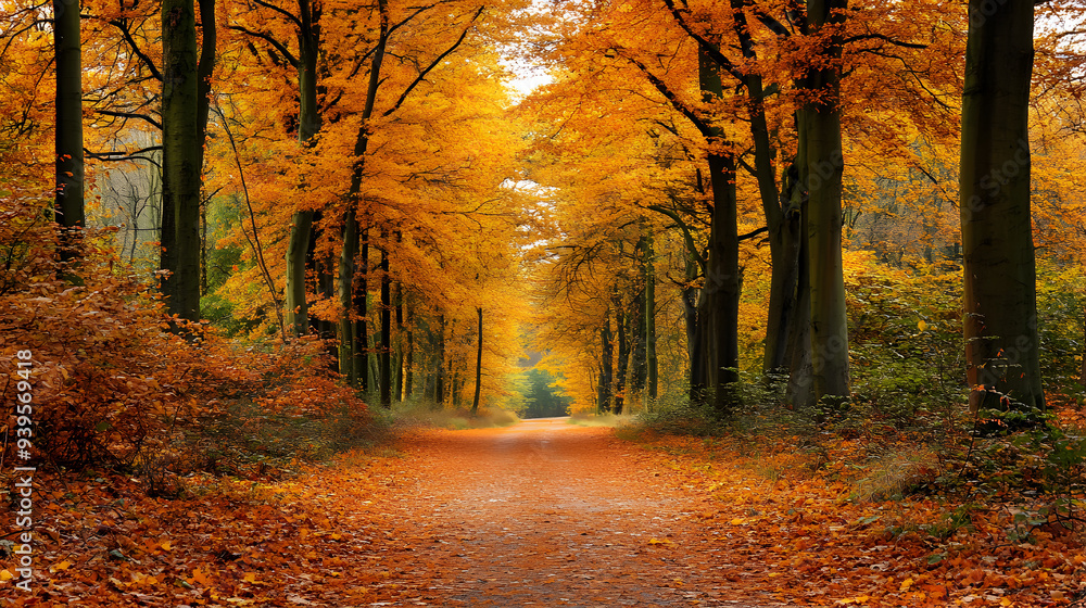 Obraz premium Enchanted Forest Journey: Golden Autumn Path Through Vibrant Woodland Adventure