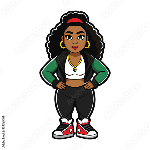 Sticker of a Confident Black Woman in Hip-Hop Streetwear Rocking Sneakers and Statement Accessories - Street Style Swagger Contour Vector on White Background
