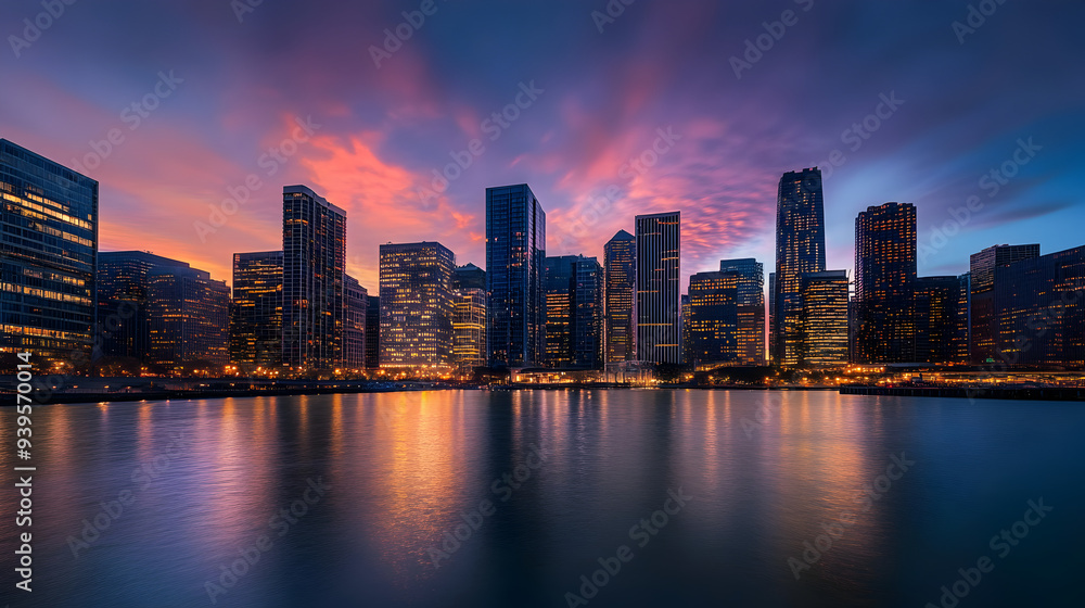 Fototapeta premium Cityscape at Dusk - Urban Skyline Glowing in Warm Sunset Colors with City Lights Turning On