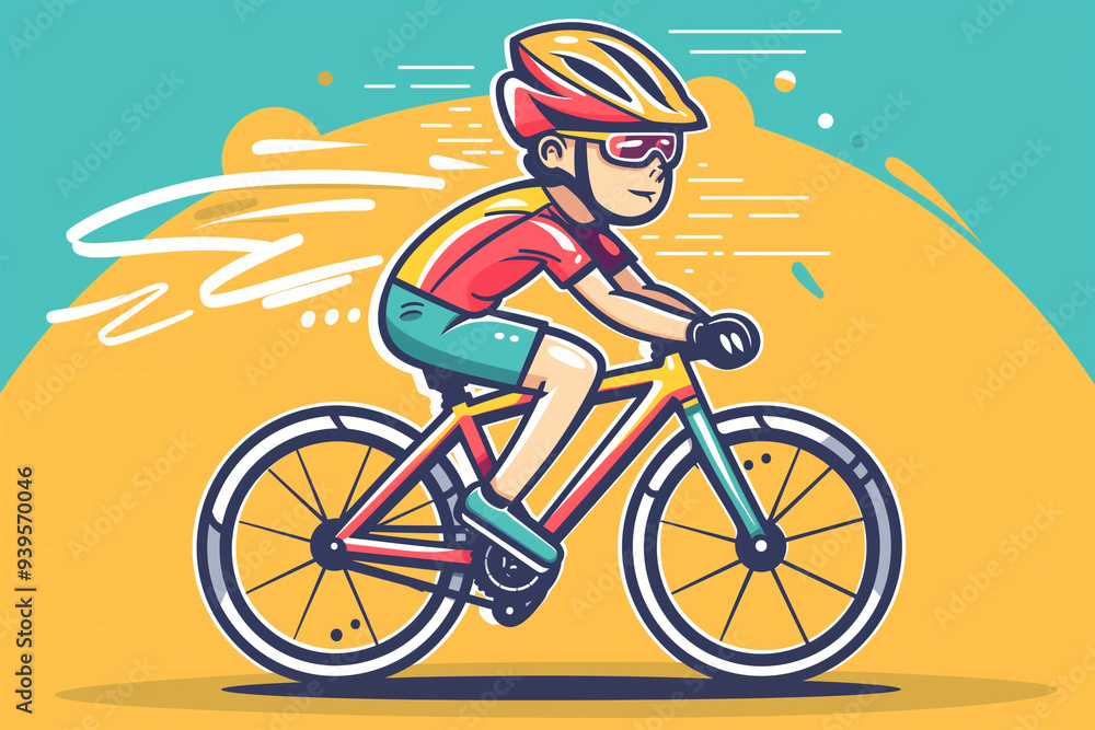 Fototapeta premium Cyclist Riding a Bicycle in Motion Cute Cartoon Vector Icon Illustration logo