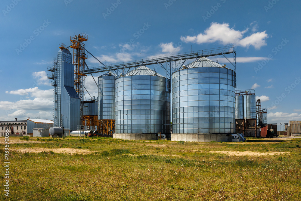 granary elevator with silos on agro-processing and manufacturing plant for processing drying cleaning and storage of agricultural products, flour, cereals and grain. granary elevator with silos on agro-processing and manufacturing plant for processing drying cleaning and storage of agricultural products, flour, cereals and grain.