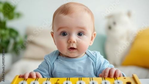 Adorable baby playing with a colorful xylophone in a bright, cheerful room, capturing pure joy and curiosity. photo