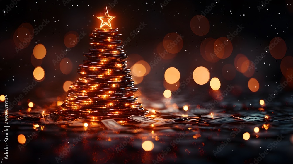 A Christmas Tree Adorned with Money and Lights A Christmas Tree Adorned with Money and Lights