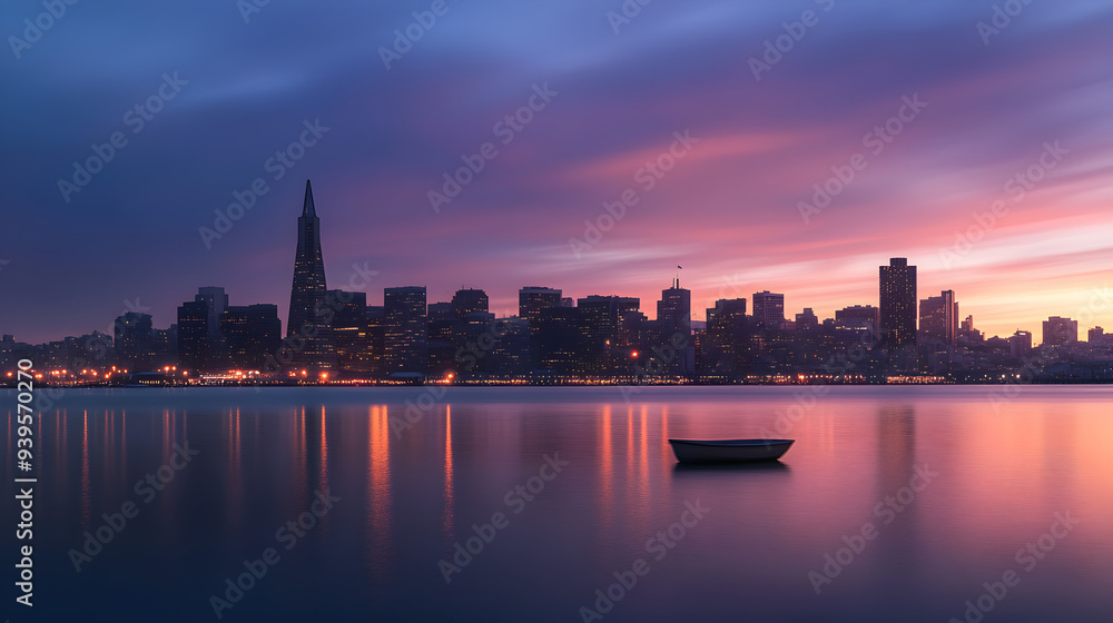 Fototapeta premium Cityscape silhouette against a fiery sunset, reflecting in calm water
