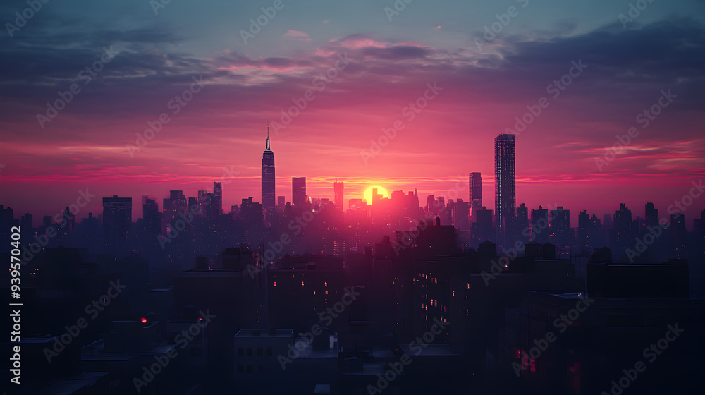 Golden Hour Glow on Iconic City Skyline - Urban Sunset with Illuminating Lights Golden Hour Glow on Iconic City Skyline - Urban Sunset with Illuminating Lights